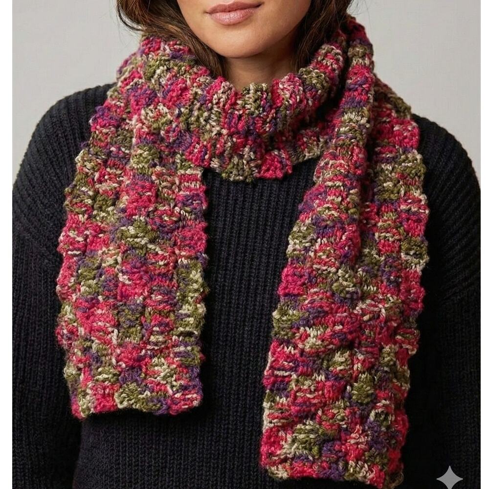 Handknit Soft Acrylic Scarf Pink Purple Green Rectangle 8" x 44"